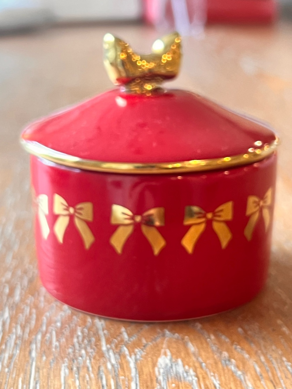 Anthropologie Red Ceramic Trinket Box with Gold Bow Accents